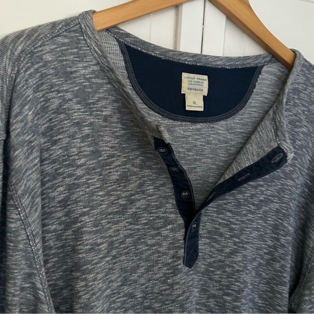 Lucky Brand Men's Crewneck Henley Sweater in Heather Gray and Navy
